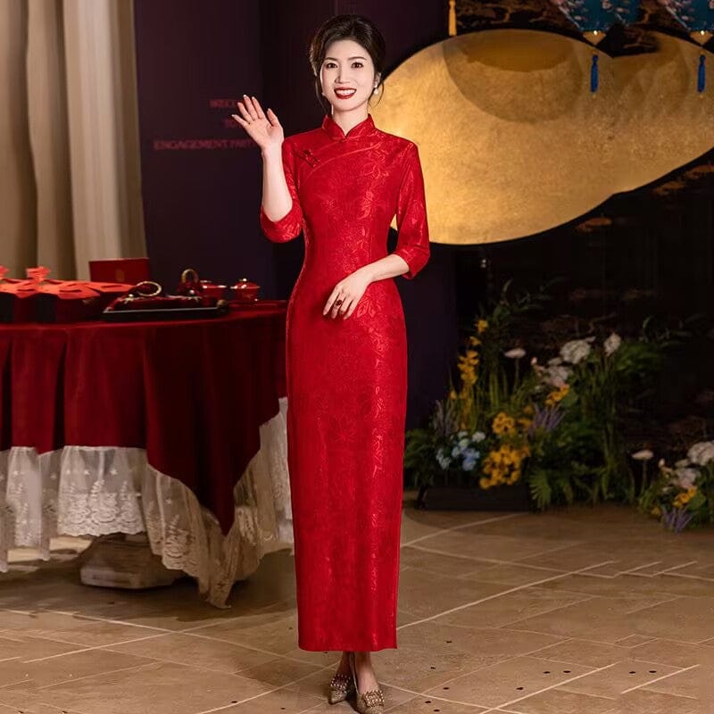 Beth and Brian Qipao-ZQYS Fall and winter collection, wedding red lace long Cheongsam