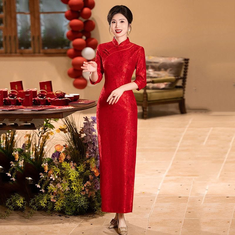 Beth and Brian Qipao-ZQYS Fall and winter collection, wedding red lace long Cheongsam