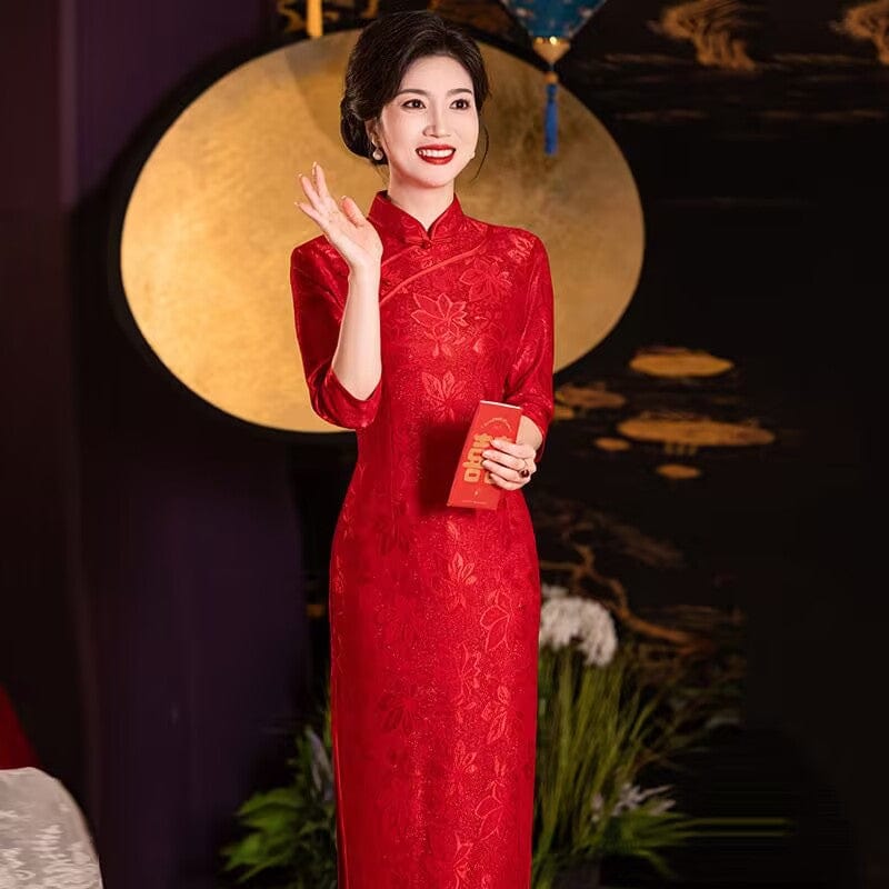 Beth and Brian Qipao-ZQYS Fall and winter collection, wedding red lace long Cheongsam