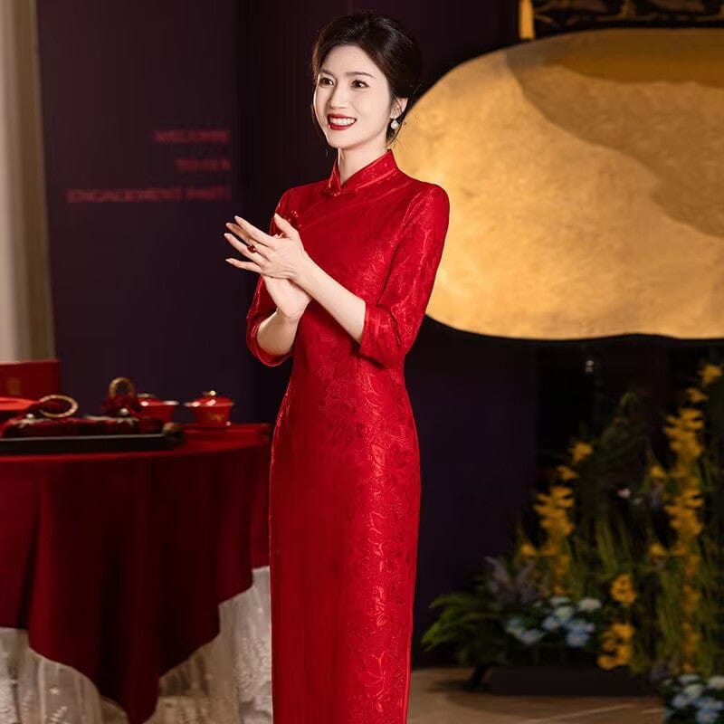 Beth and Brian Qipao-ZQYS Fall and winter collection, wedding red lace long Cheongsam