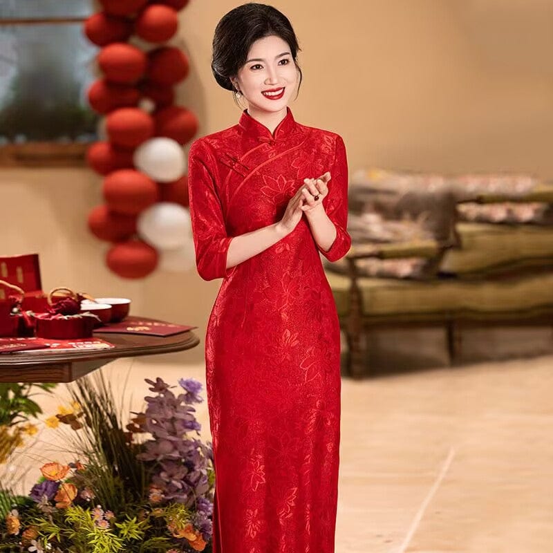 Beth and Brian Qipao-ZQYS Fall and winter collection, wedding red lace long Cheongsam