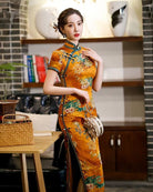 Beth and Brian Qipao-TQX Old Shanghai style, hualuo satin, yellow long Cheongsam