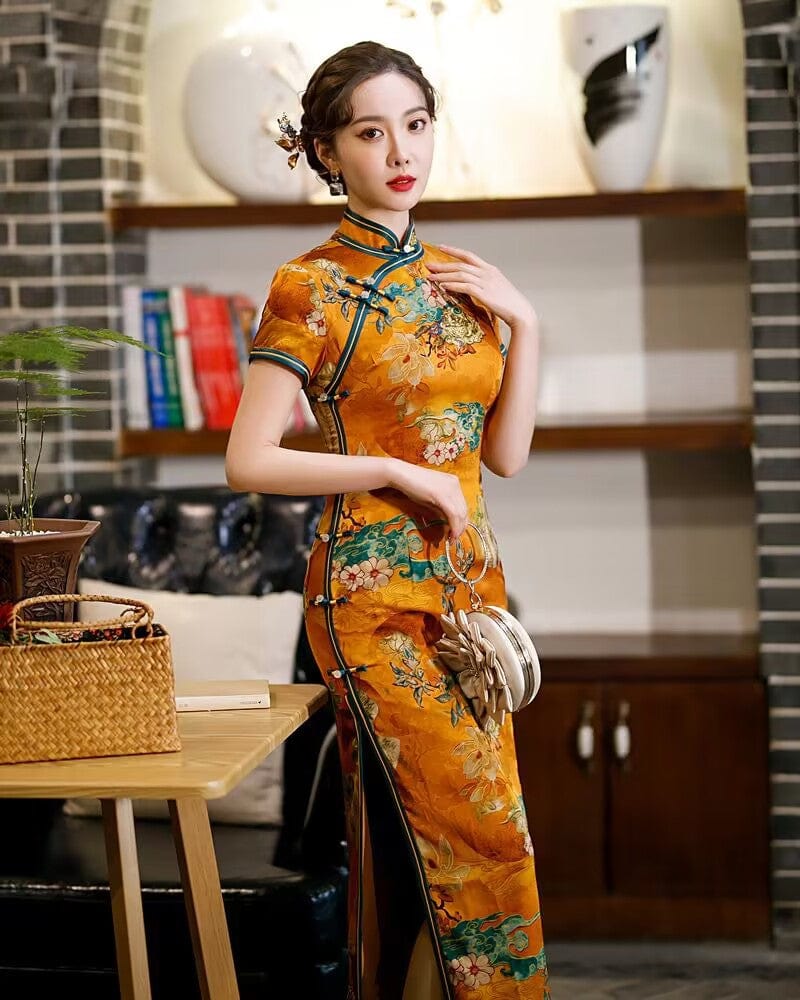 Beth and Brian Qipao-TQX Old Shanghai style, hualuo satin, yellow long Cheongsam
