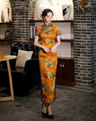 Beth and Brian Qipao-TQX Old Shanghai style, hualuo satin, yellow long Cheongsam
