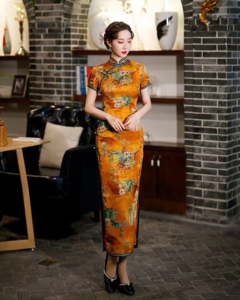 Beth and Brian Qipao-TQX Old Shanghai style, hualuo satin, yellow long Cheongsam