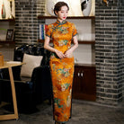 Beth and Brian Qipao-TQX Old Shanghai style, hualuo satin, yellow long Cheongsam