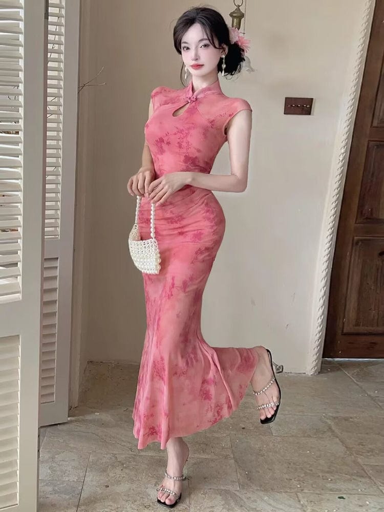 Beth and Brian Qipao-YXL New Chinese style (新中式), floral pattern long Cheongsam