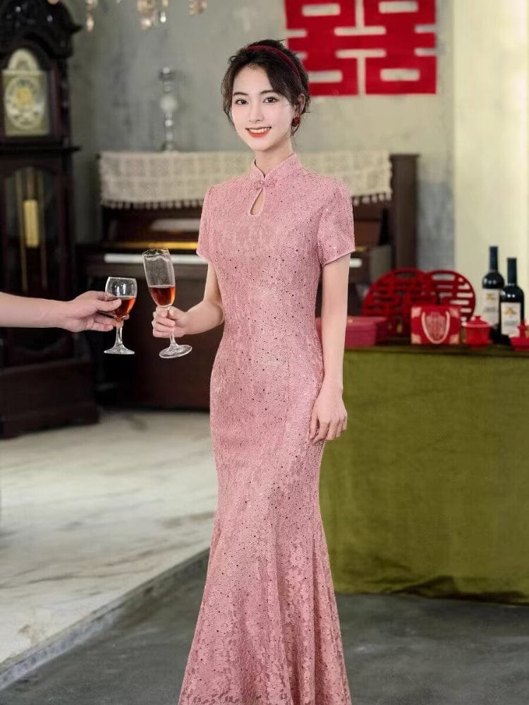 Beth and Brian Qipao-WFY Floral pattern, water drop collar, wedding pink mermaid Cheongsam