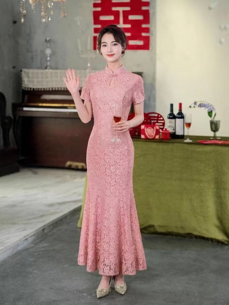 Beth and Brian Qipao-WFY Floral pattern, water drop collar, wedding pink mermaid Cheongsam