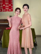 Beth and Brian Qipao-WFY Floral pattern, water drop collar, wedding pink mermaid Cheongsam