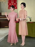 Beth and Brian Qipao-WFY Floral pattern, water drop collar, wedding pink mermaid Cheongsam