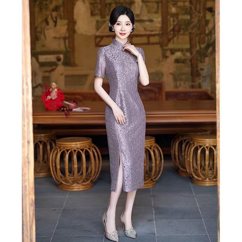 Beth and Brian Qipao-HY Summer collection, floral pattern, pink&purple midi Cheongsam