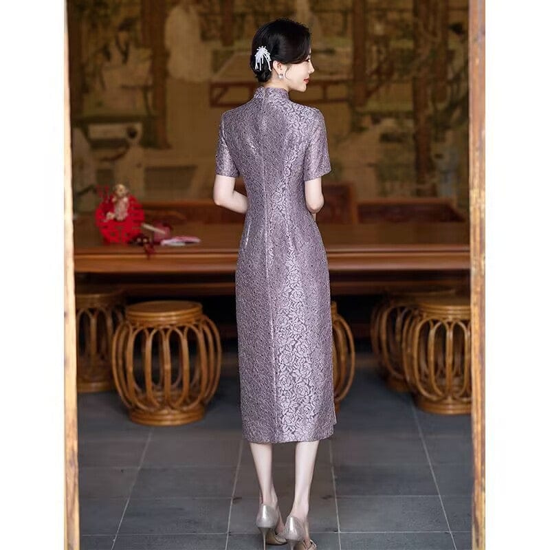 Beth and Brian Qipao-HY Summer collection, floral pattern, pink&purple midi Cheongsam