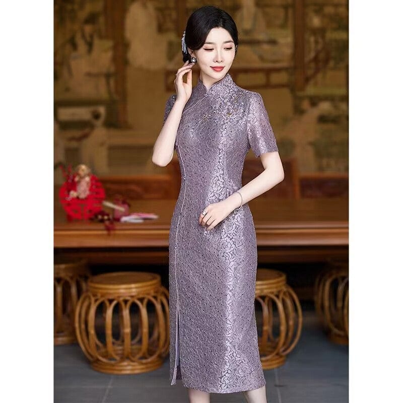 Beth and Brian Qipao-HY Summer collection, floral pattern, pink&purple midi Cheongsam