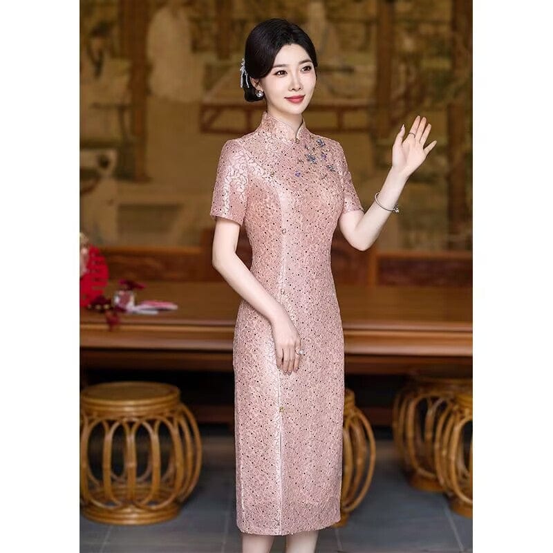 Beth and Brian Qipao-HY Summer collection, floral pattern, pink&purple midi Cheongsam