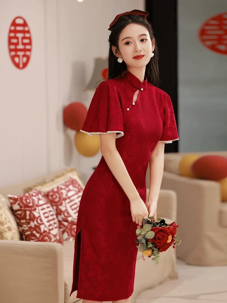 Beth and Brian Qipao-CN Floral pattern, wedding red midi Cheongsam Dress