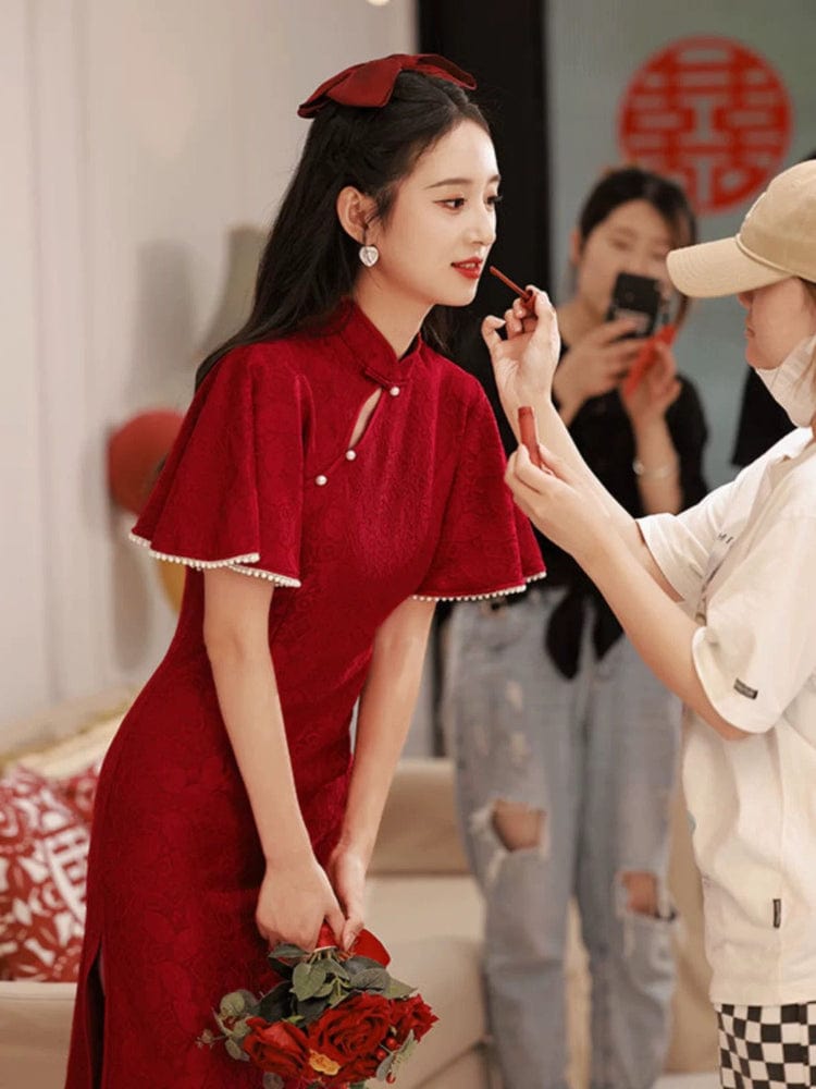 Beth and Brian Qipao-CN Floral pattern, wedding red midi Cheongsam Dress