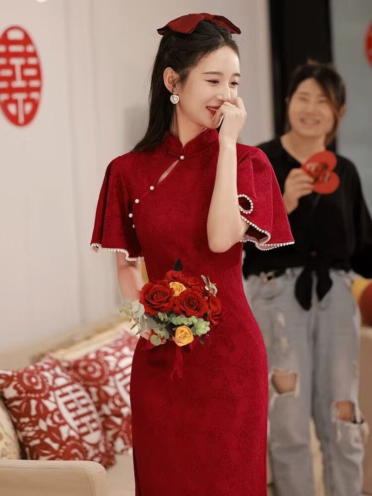 Beth and Brian Qipao-CN Floral pattern, wedding red midi Cheongsam Dress
