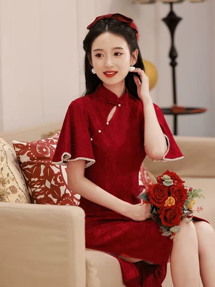 Beth and Brian Qipao-CN Floral pattern, wedding red midi Cheongsam Dress