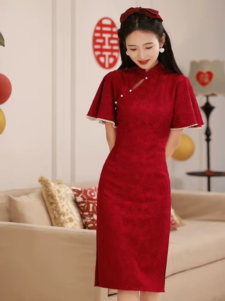 Beth and Brian Qipao-CN Floral pattern, wedding red midi Cheongsam Dress