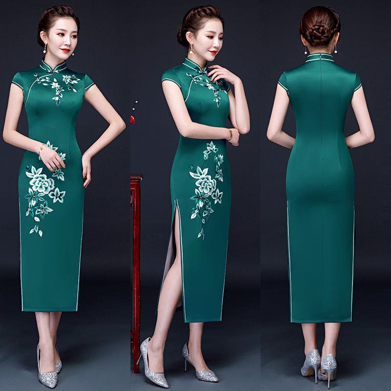 Beth and Brian Qipao-MLS Floral embroidery, silk midi Cheongsam