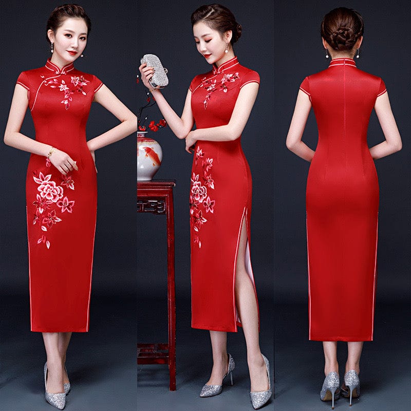 Beth and Brian Qipao-MLS Floral embroidery, silk midi Cheongsam