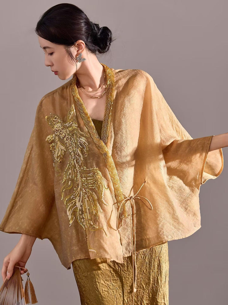 Beth and Brian Qipao-WH Flared sleeves, fish embroidery, loose-fitting gold Qipao coat