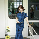 Beth and Brian Qipao-SCN Flocking fabric, floral blue&green midi Cheongsam