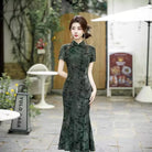 Beth and Brian Qipao-SCN Flocking fabric, floral blue&green midi Cheongsam