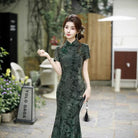 Beth and Brian Qipao-SCN Flocking fabric, floral blue&green midi Cheongsam