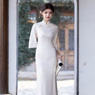 Beth and Brian Qipao-ZQYS Floral pattern, satin fabric, white long Cheongsam