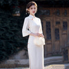 Beth and Brian Qipao-ZQYS Floral pattern, satin fabric, white long Cheongsam