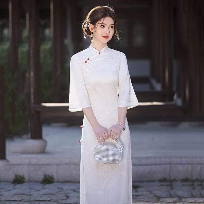 Beth and Brian Qipao-ZQYS Floral pattern, satin fabric, white long Cheongsam