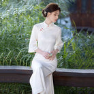 Beth and Brian Qipao-ZQYS Floral pattern, satin fabric, white long Cheongsam