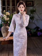 Beth and Brian Qipao - JN Fall collection, leaf pattern, satin fabric, purple midi Cheongsam