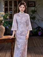 Beth and Brian Qipao - JN Fall collection, leaf pattern, satin fabric, purple midi Cheongsam