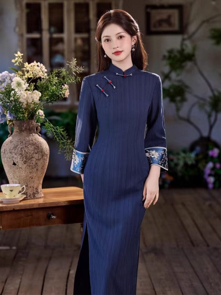 Beth and Brian Qipao-JN Stripe pattern, TR jacquard cotton mid-length Cheongsam