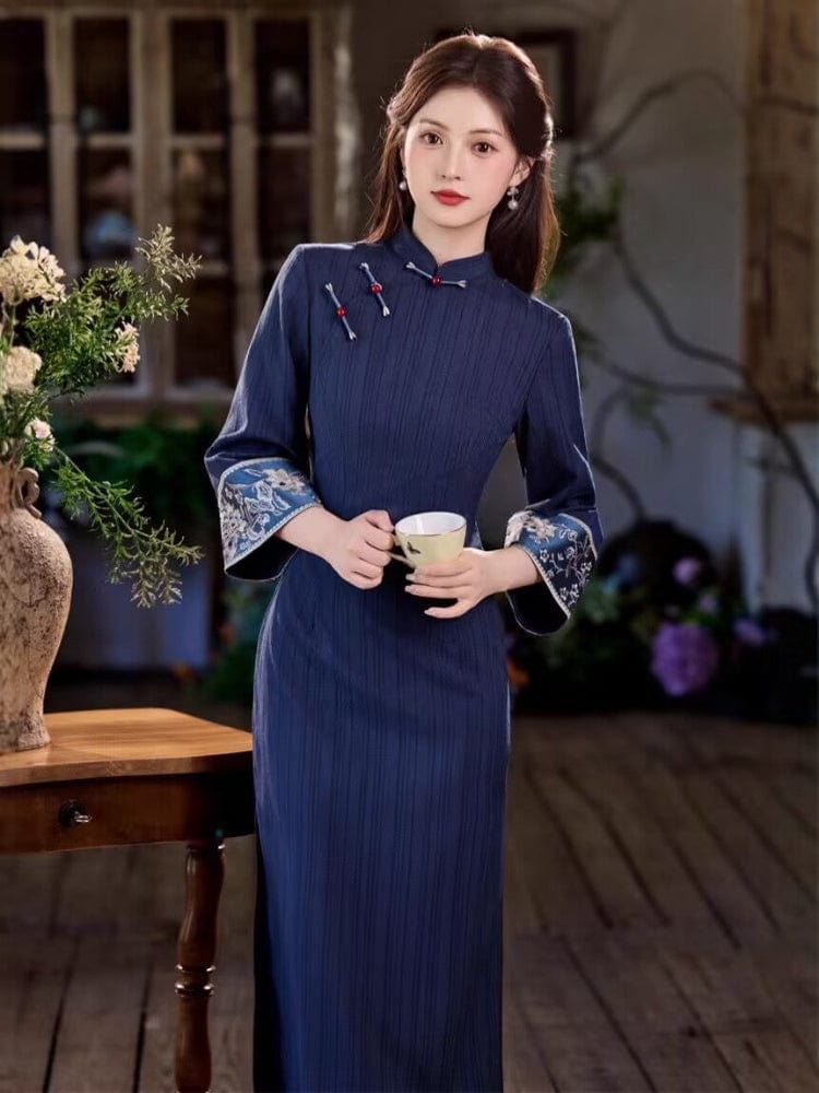 Beth and Brian Qipao-JN Stripe pattern, TR jacquard cotton mid-length Cheongsam