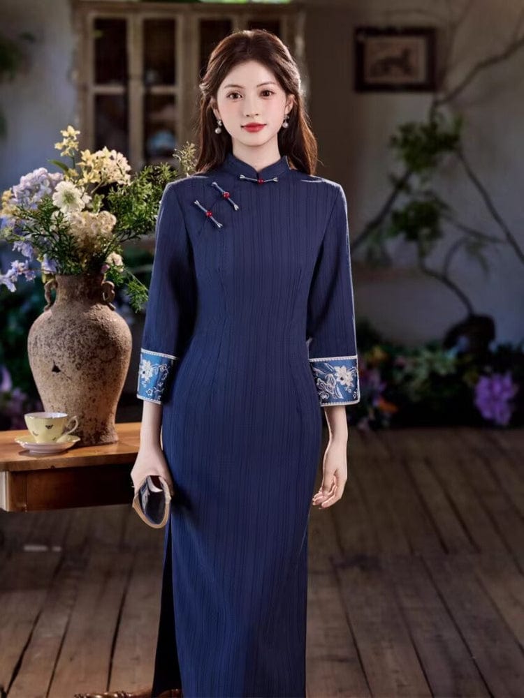 Beth and Brian Qipao-JN Stripe pattern, TR jacquard cotton mid-length Cheongsam