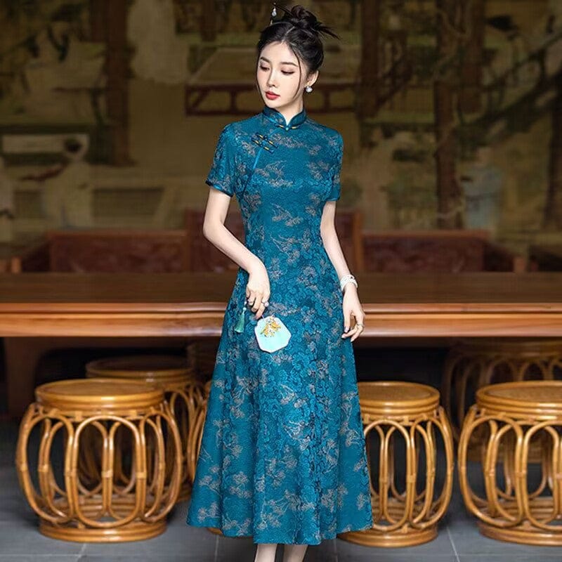Beth and Brian Qipao-SYG Summer and fall collection, blue midi Cheongsam for mothers