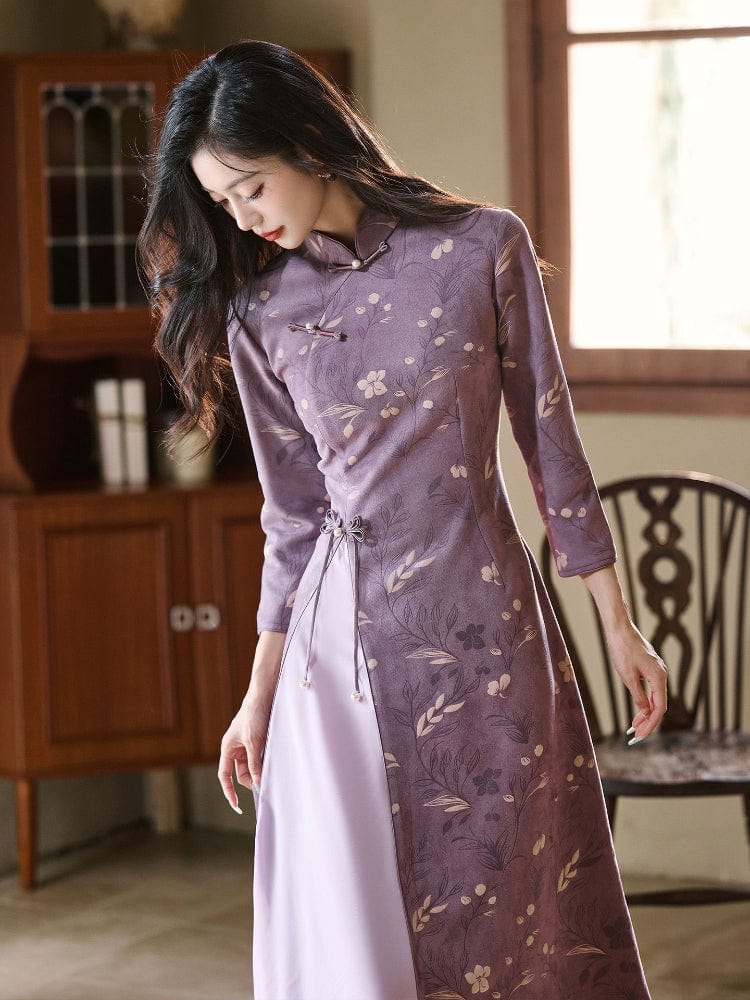 Beth and Brian Qipao-LSB Floral pattern, purple midi Ao dai