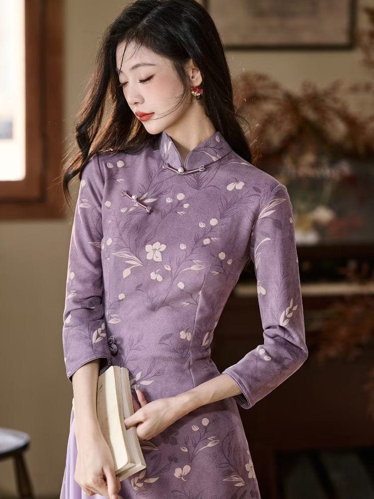 Beth and Brian Qipao-LSB Floral pattern, purple midi Ao dai