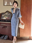 Beth and Brian Qipao-LSB Butterfly pattern, suede fabric, blue midi Cheongsam