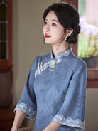 Beth and Brian Qipao-LSB Butterfly pattern, suede fabric, blue midi Cheongsam