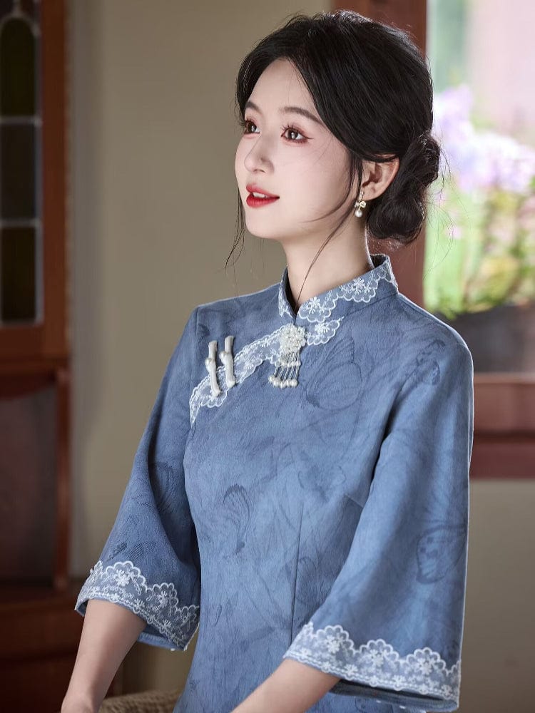 Beth and Brian Qipao-LSB Butterfly pattern, suede fabric, blue midi Cheongsam