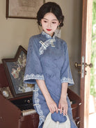 Beth and Brian Qipao-LSB Butterfly pattern, suede fabric, blue midi Cheongsam