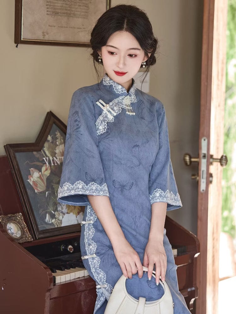 Beth and Brian Qipao-LSB Butterfly pattern, suede fabric, blue midi Cheongsam