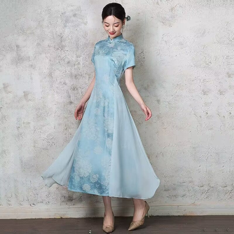 Beth and Brian Qipao-ZQYS Floral pattern, light blue midi Ao dai