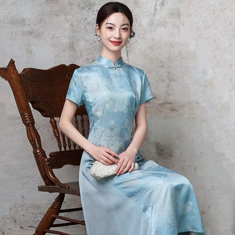 Beth and Brian Qipao-ZQYS Floral pattern, light blue midi Ao dai