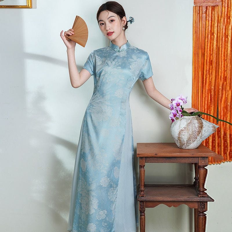 Beth and Brian Qipao-ZQYS Floral pattern, light blue midi Ao dai